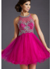 Fuchsia Tulle Beaded Halter Knee Length Prom Dress 